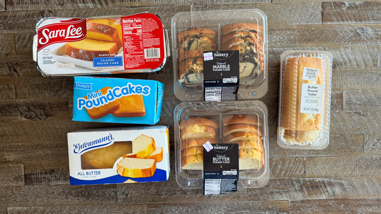 store-bought pound cakes on wooden table