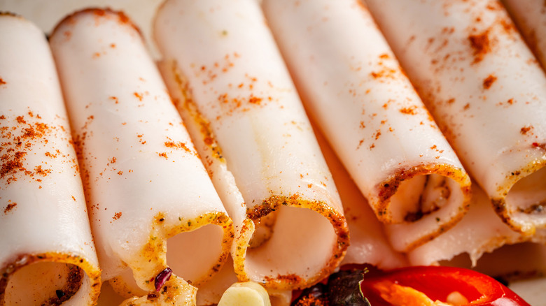 Mini turkey roll-ups on a platter