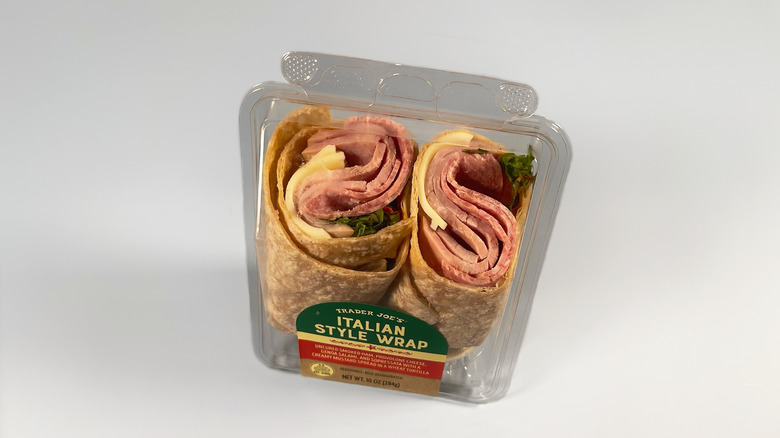 The Italian style wrap from Trader Joe's in a plastic container on a light grey background