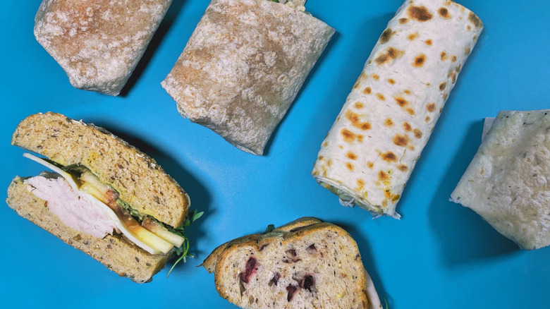 A few wraps and sandwich halves arranged on a teal background