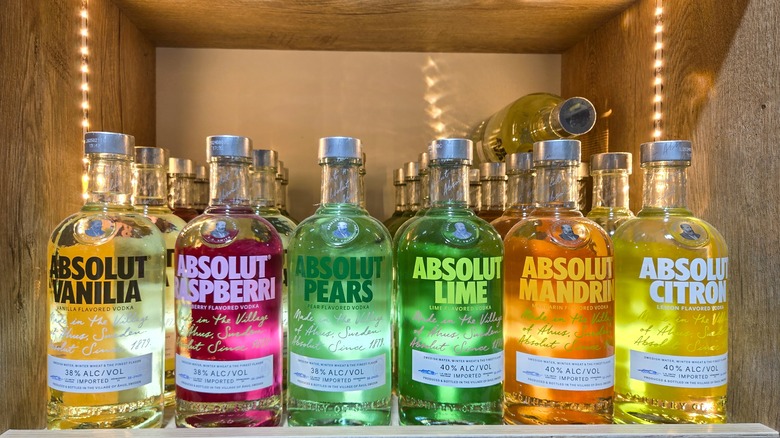 A row of Absolut flavored vodkas