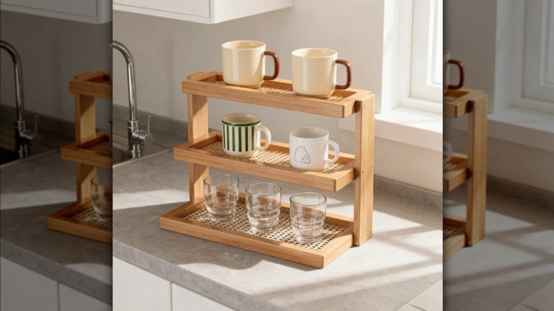 Flwxobe 3-Tier Bamboo Storage Rack with coffee cups