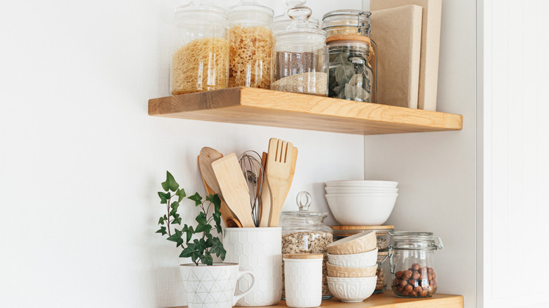 Kitchen essential on display in open shelving