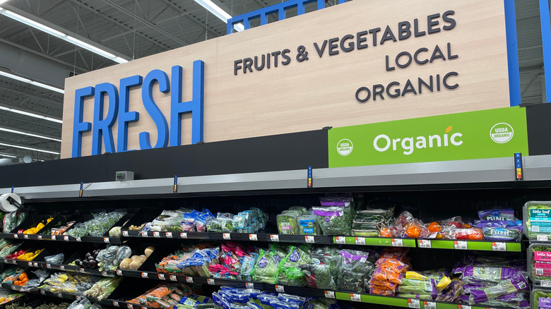 Sign in Walmart Supercenter produce section for organic vegetables