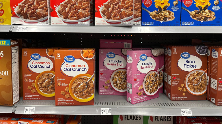 Three Great Value-brand cereals on the shelf at a Walmart