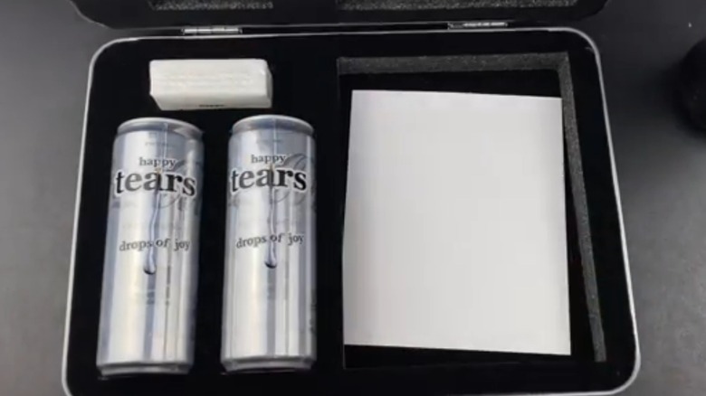 Small silver suitcase that's open, revealing black foam interior with two cans of Happy Tears and two other white items
