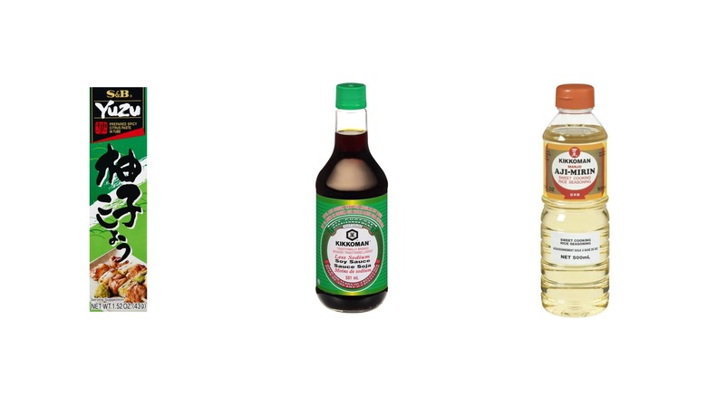 A package of yuzu kosho alongside a bottle of soy sauce and mirin