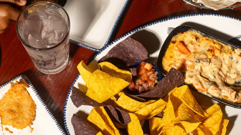 A plate of lobster dip with tortilla chips at Red Lobster