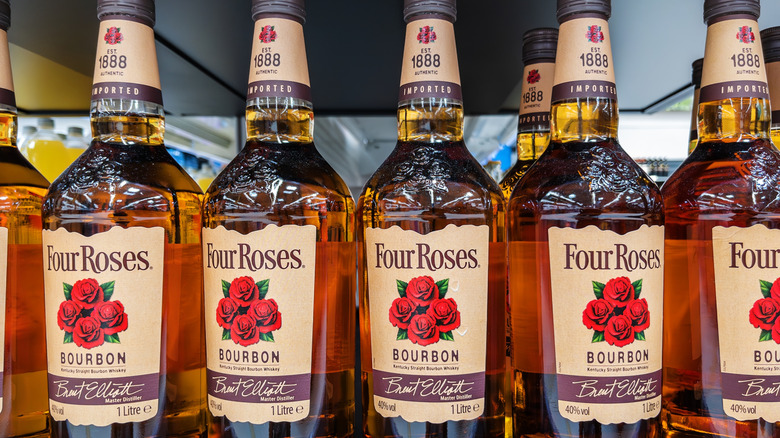 Bottles of Four Roses Bourbon on display