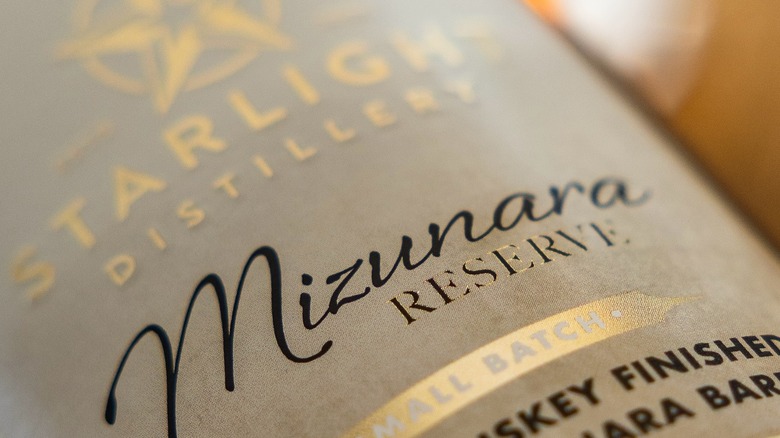 Close-up of the label on a bottle of Mizunara Reserve Bourbon from Starlight Distillery