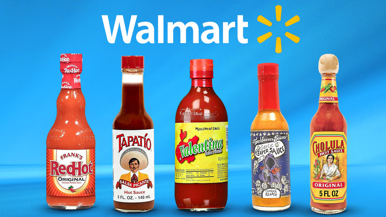 A composite image of hot sauces against a blue background with the Walmart logo on top