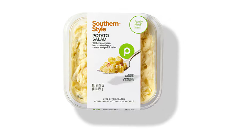 A small container of Publux southern-style potato salad on a white background