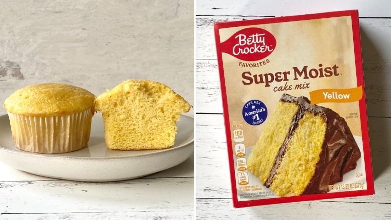 Split image of a halved cupcake and a box of Betty Crocker Yellow Cake Mix