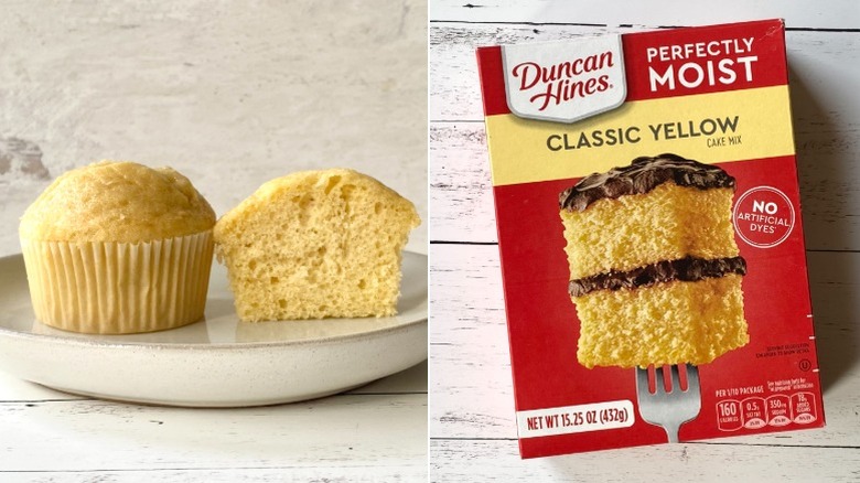 A split image of a cupcake and a box of Duncan Hines Perfectly Moist Classic Yellow Cake Mix