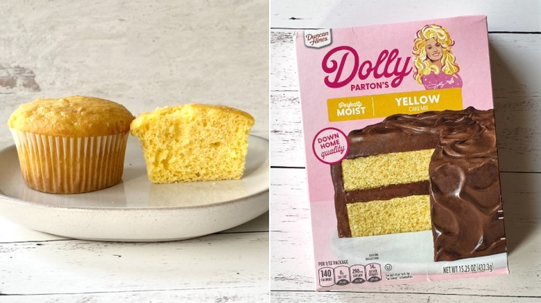 Split image of a halved cupcake and a box of Duncan Hines Dolly Parton's Yellow Cake Mix