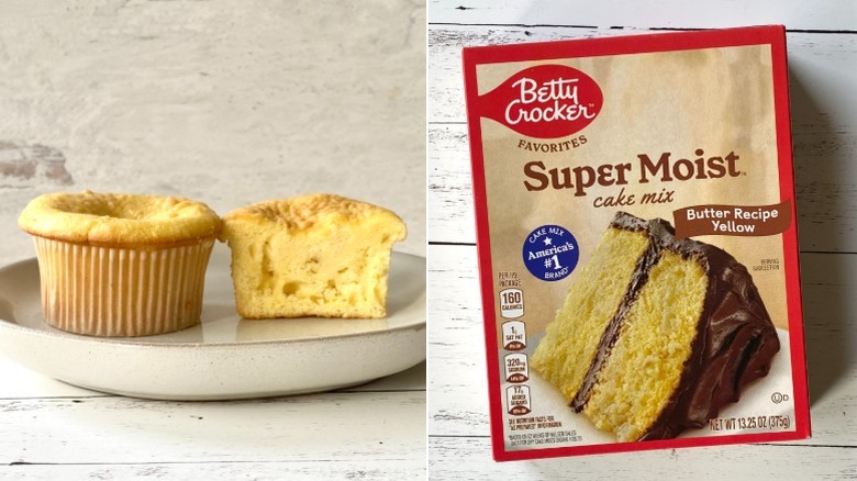 Split image of a halved cupcake and a box of Betty Crocker Super Moist Butter Recipe Yellow Cake Mix