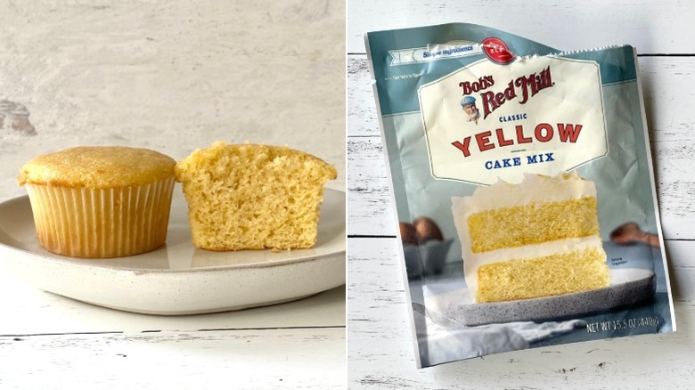 Split image of a halved cupcake and a box of Bob's Red Mill Classic Yellow Cake Mix