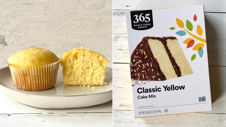 Split image of a halved cupcake and a box of 365 by Whole Foods Market Classic Yellow Cake Mix