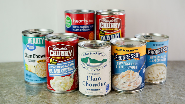 Clam chowder cans grouped together