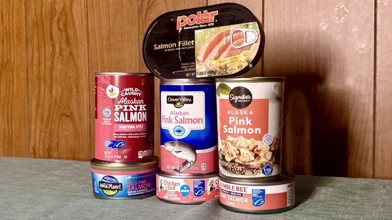 A stack of canned salmon; on top Polar, second row from left - Stop & Shop, Clover Valley, and Signature SELECT, and on bottom from left - Wild Planet, Chicken of the Sea, and Bumble Bee