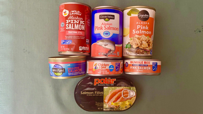 Three rows of canned salmon - From top right - A can of Stop & Shop, Clover Valley, and Signature SELECT - second row from right; Wild Planet, Chicken of the Sea, and Bumble Bee - the third row is a single can of Polar canned salmon