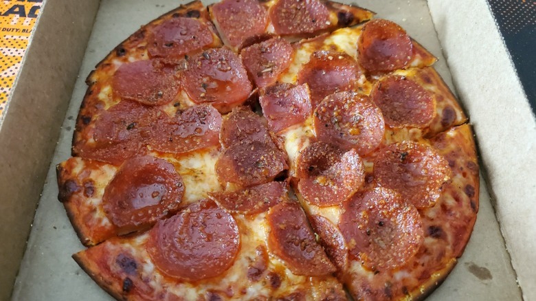 Donatos pepperoni pizza in a cardboard box