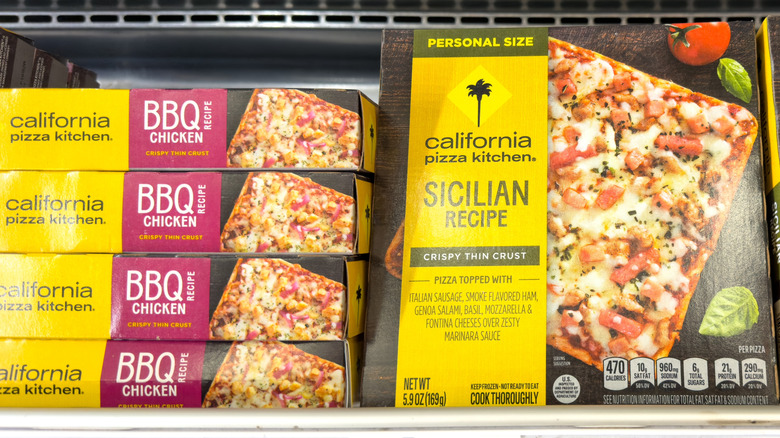 boxes of California pizza kitchen in the freezer