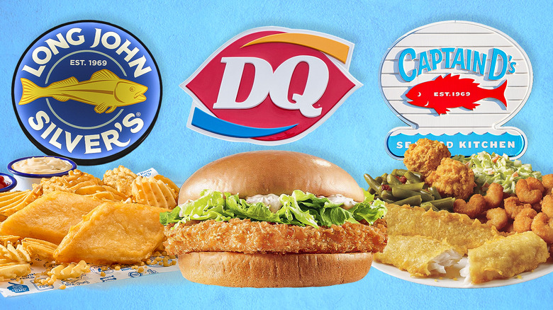 Three fried fish meals from Long John Silver's, Dairy Queen, and Captain D's.