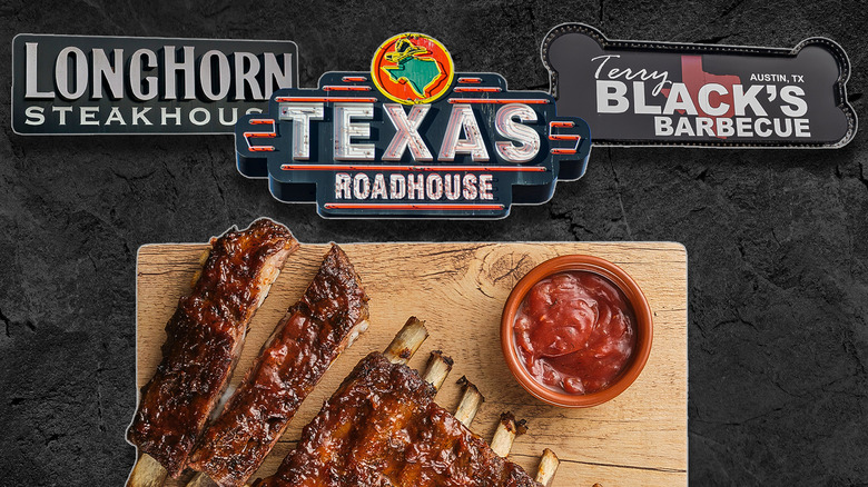 Photo of ribs with logos for Longhorn Steakhouse, Texas Roadhouse, and Terry Black's Barbecue.