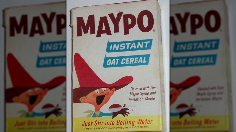 box of Maypo Instant Oat Cereal featuring cartoon image of boy in large red hat eating Maypo