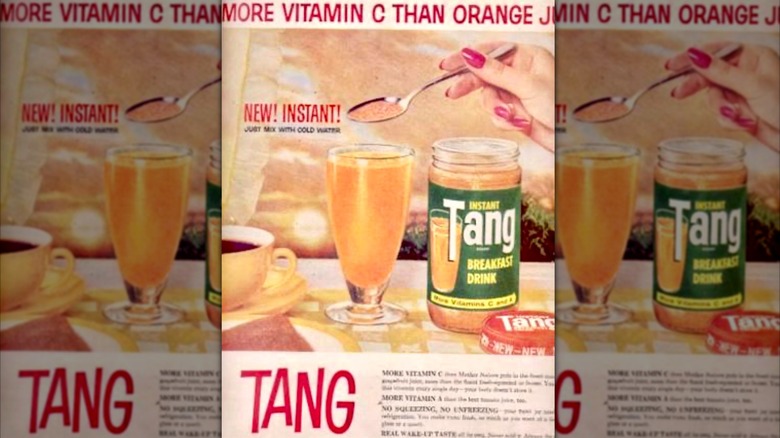 vintage paper ad for Tang breakfast drink with text reading "more vitamin c than orange [juice]"