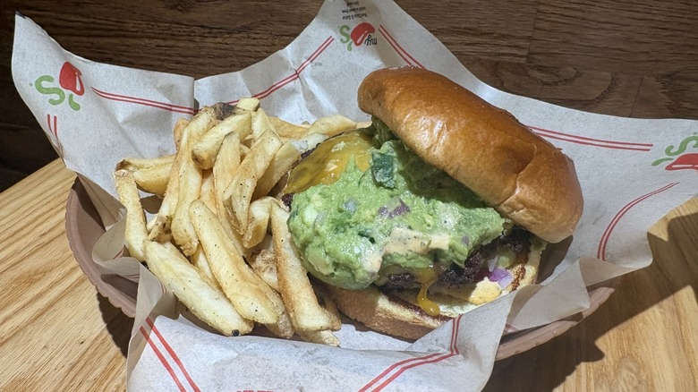 Alex's Santa Fe Burger, with the top of the bun slightly tilted