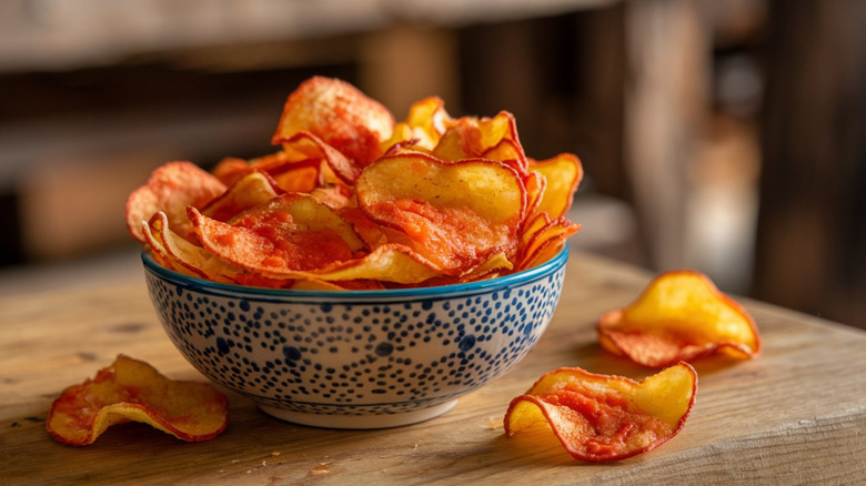 ketchup flavored chips in a bowl