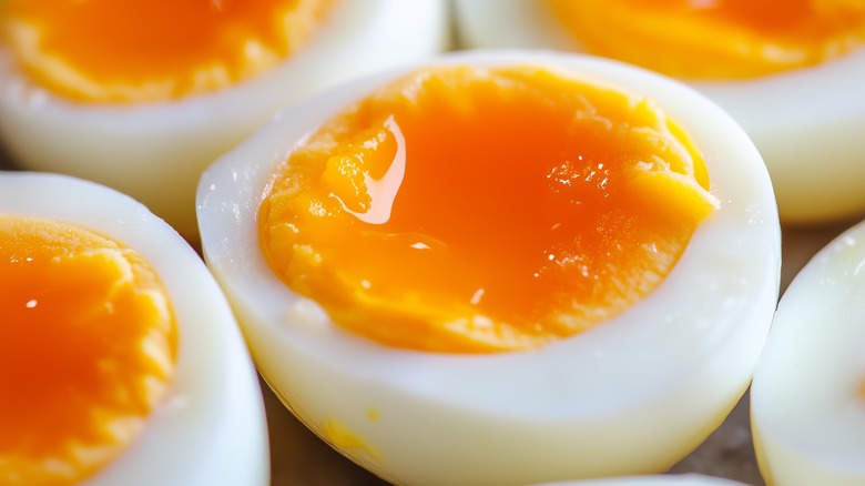 A close up of soft boiled eggs