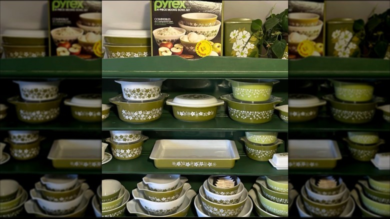 Shelves of Spring Blossom Green pots and dishes