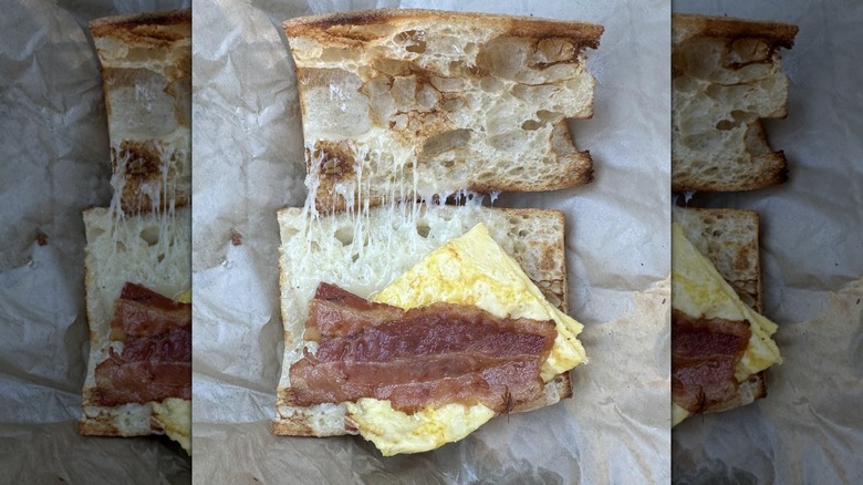 a haphazardly prepared and bare-bones egg and bacon sandwich from Panera