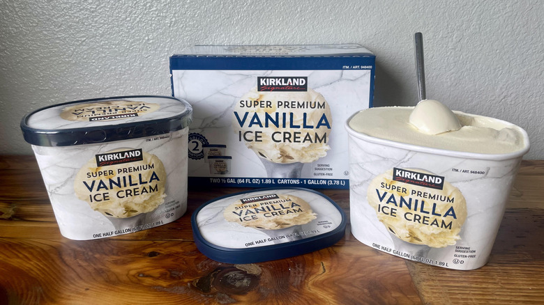 Two half gallon tubs of Kirkland Signature Super Premium Vanilla Ice Cream