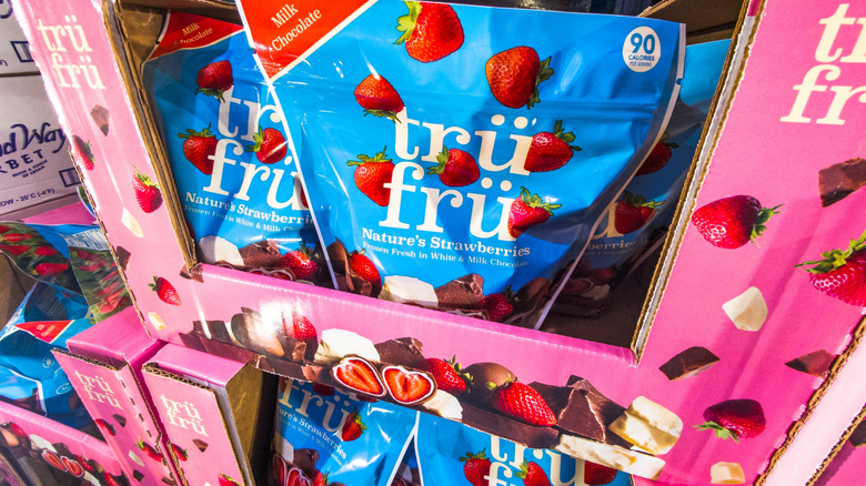 Packages of Trü Frü Frozen Strawberries in a Costco freezer
