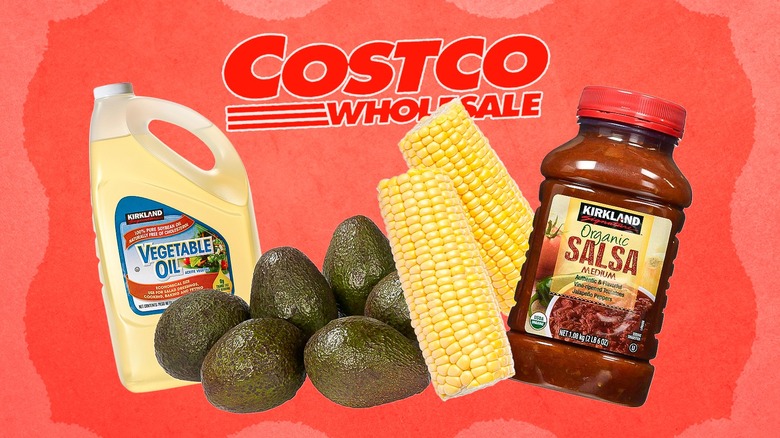 Composite photo showing a bottle of Kirkland vegetable oil, six avocados, two ears of corn, and a bottle of Kirkland organic salsa in front of a two-tone red backdrop with a red Costco Wholesale logo