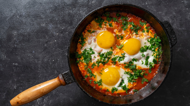 Fisherman's eggs in an iron skillet against a gray background