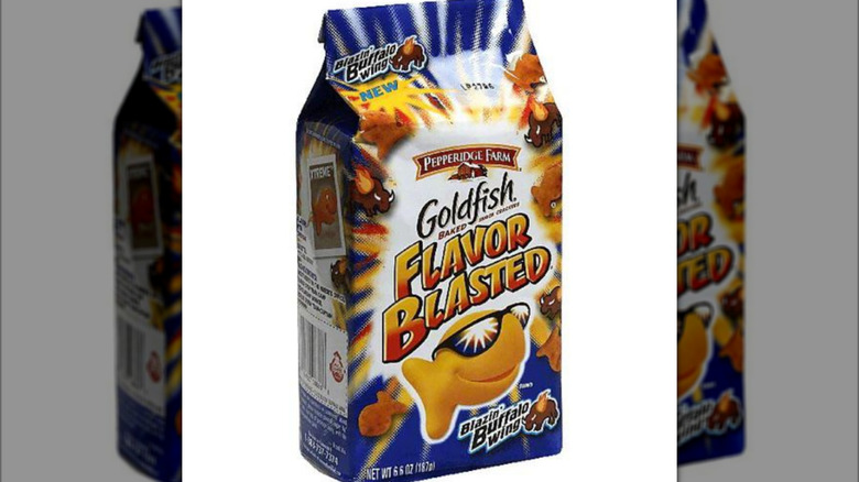 A box of Pepperidge Farm Goldfish Flavor Blasted Blazin' Buffalo Wing baked snack crackers on a white background.