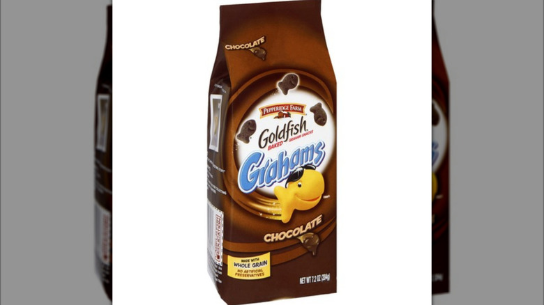 A bag of Pepperidge Farm Goldfish Grahams Chocolate crackers on a white background.