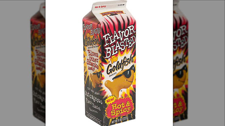 A box of Pepperidge Farm Goldfish Flavor Blasted Hot & Spicy baked snack crackers on a white background.