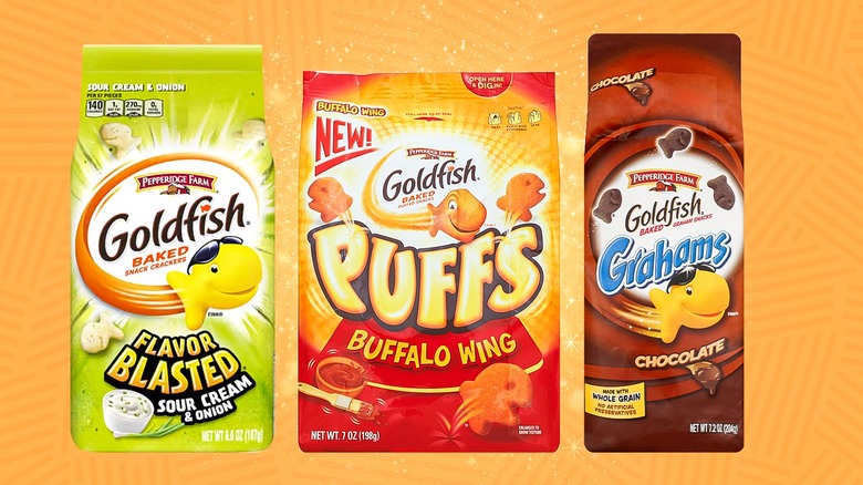 A small pile of Goldfish crackers on a white countertop.