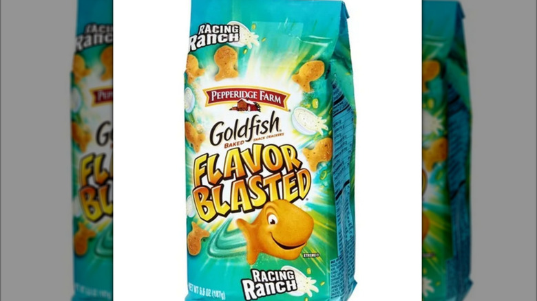 A bag of Pepperidge Farm Goldfish Flavor Blasted Racing Ranch baked snack crackers on a white background.