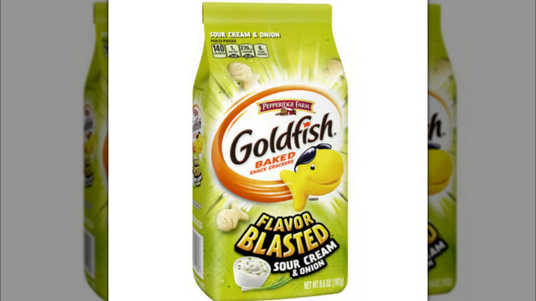 A bag of Pepperidge Farm Goldfish Flavor Blasted Slammin' Sour Cream & Onion baked snack crackers on a white background.