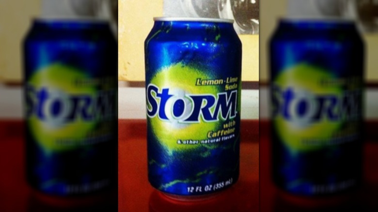 Blue and yellow can of Storm soda