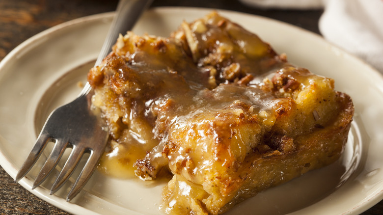 Decadent bread pudding dessert on plate
