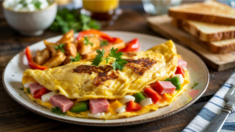 Denver Omelette with bell peppers, ham, and onions on white plate