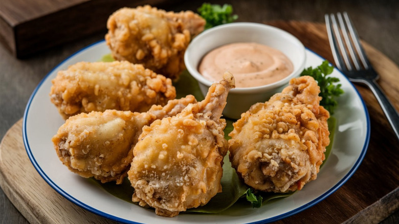 Plate of deep-fried Rocky Mountain oysters with aioli dipping sauce